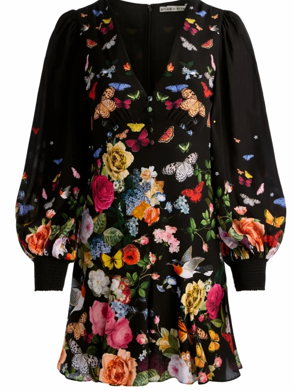 Alice + Olivia Black Floral & Butterfly V-Neck Mini Dress - Picture 3 of 3